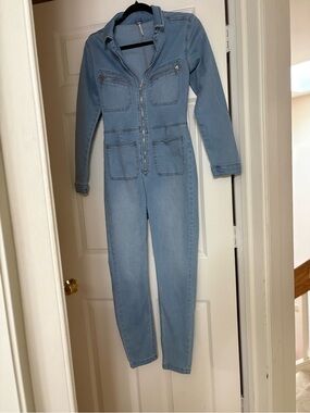 Free People Light Blue Denim Zip-Front Jumpsuit